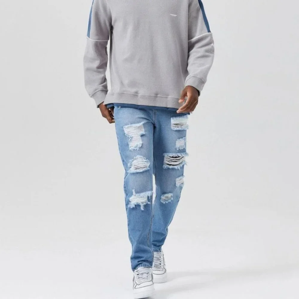 Mens Ripped Frayed Tapered Jeans - Picture 2 of 5